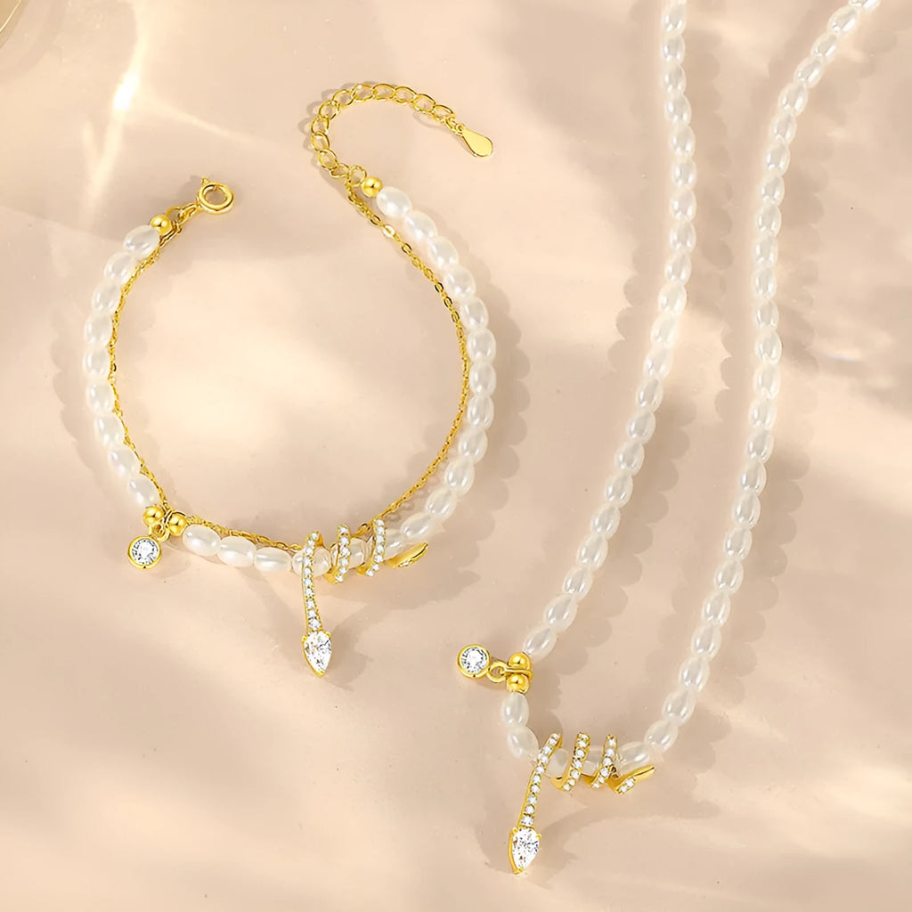 Pearl snake bracelet in 925 silver with geometric beaded design and electroplated gold finish