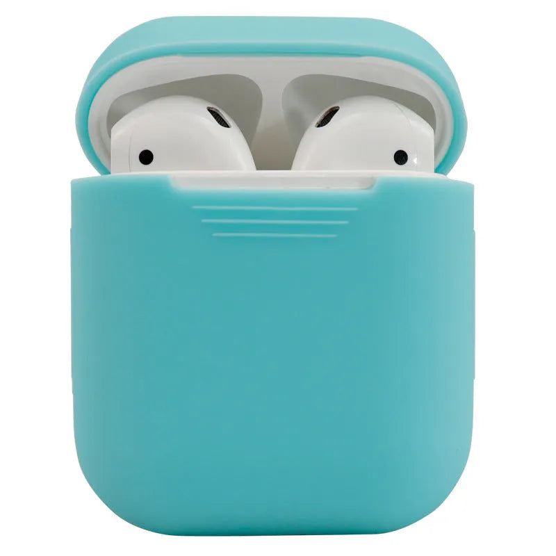 Silicone protective case for AirPods 2 wireless earbuds in assorted colours on a white background.