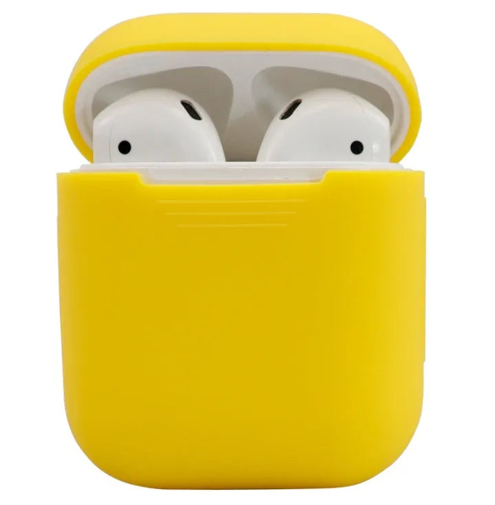 Silicone protective case for AirPods 2 wireless earbuds in assorted colours on a white background.