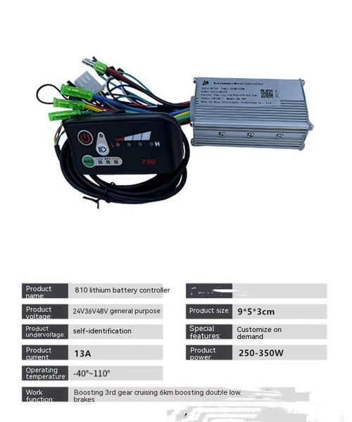 6-tube electric bicycle scooter controller showing 24V 36V 48V 250-350W specifications and connection terminals