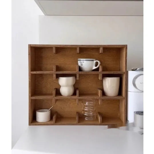 Square birch wood cup storage rack with multiple grid compartments for mug and glass organisation