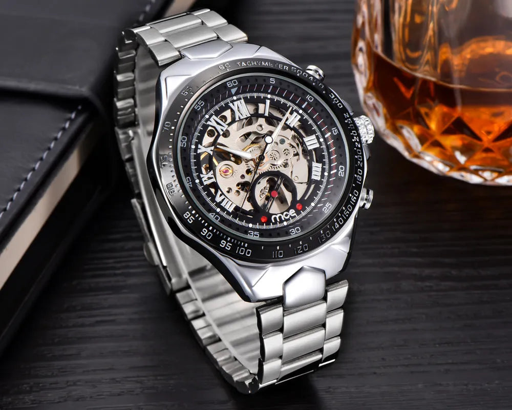 MCE men's explosion proof mechanical watch with a shock-resistant casing on a wrist, showing clear dial markings.