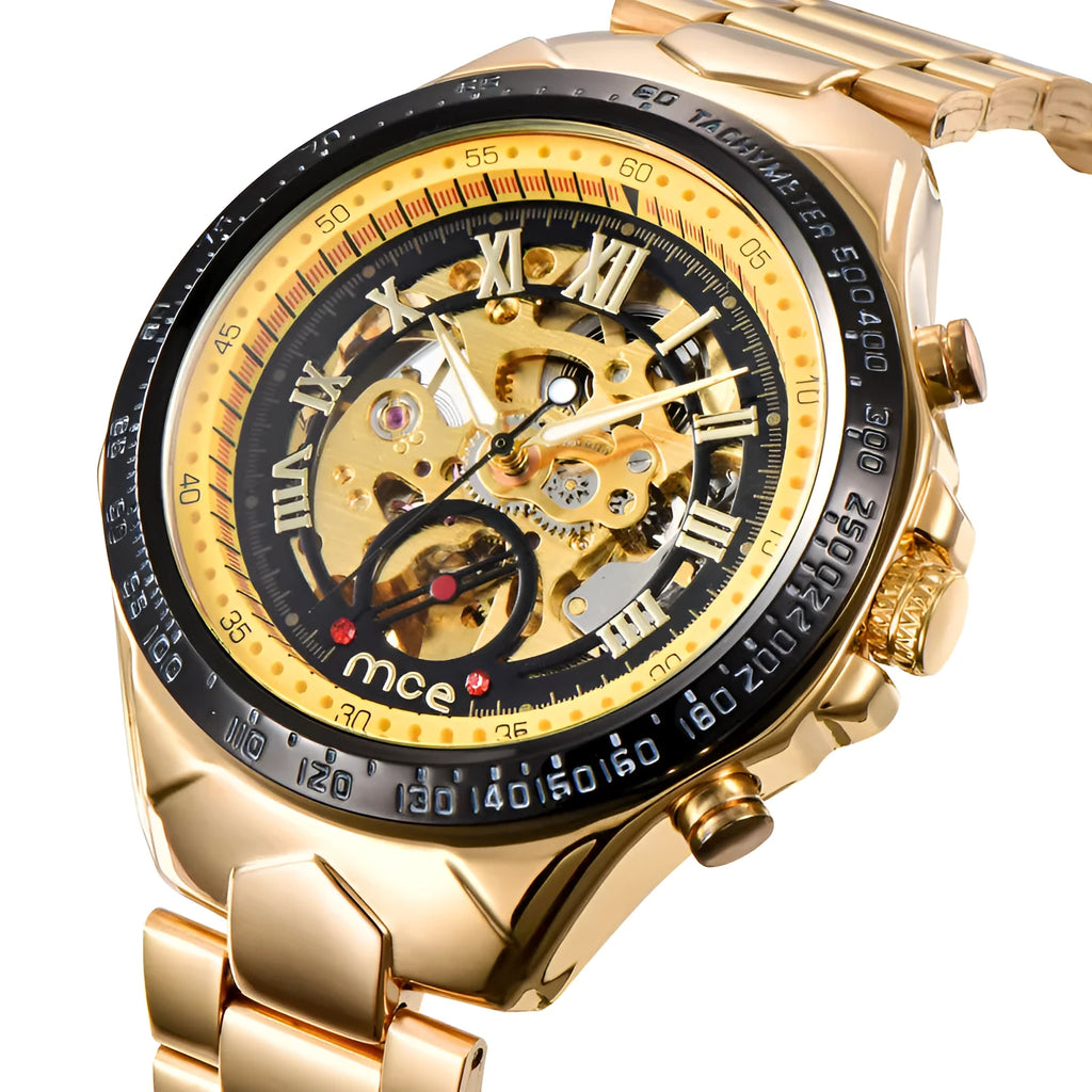 MCE men's explosion proof mechanical watch with a shock-resistant casing on a wrist, showing clear dial markings.