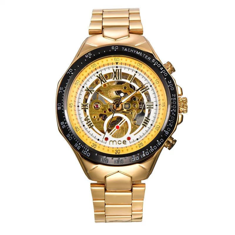 MCE men's explosion proof mechanical watch with a shock-resistant casing on a wrist, showing clear dial markings.