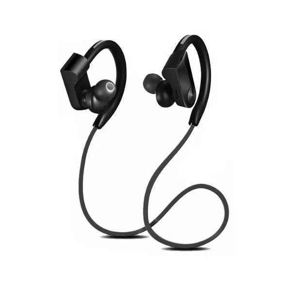 Wireless neckband Bluetooth earphones in black, blue, or red colours with USB charging cable.