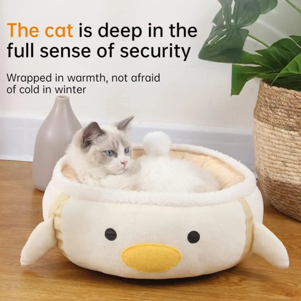Green chick dinosaur shaped cat bed shown both flat and hanging as a hammock.
