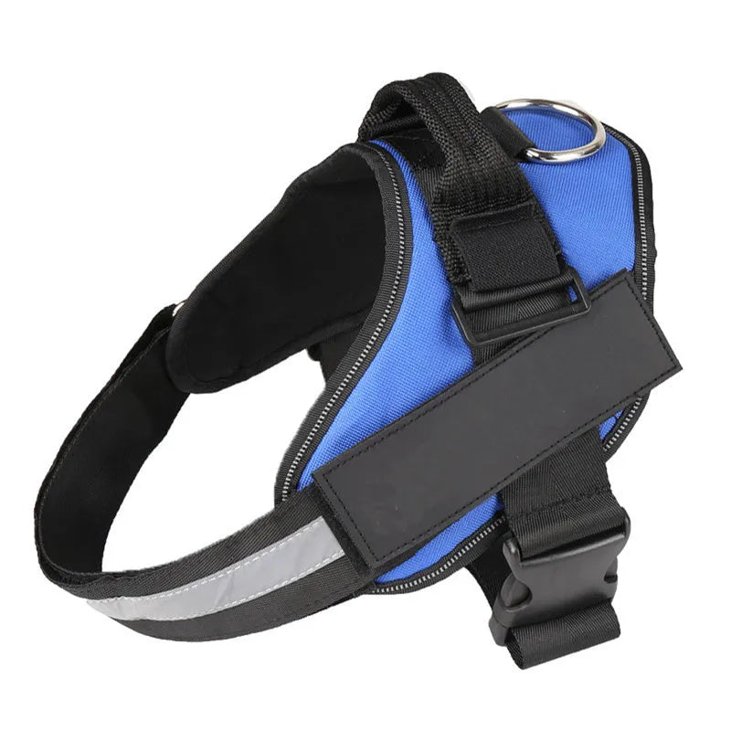 Adjustable nylon dog harness with reflective strips and a sturdy handle on a dog.