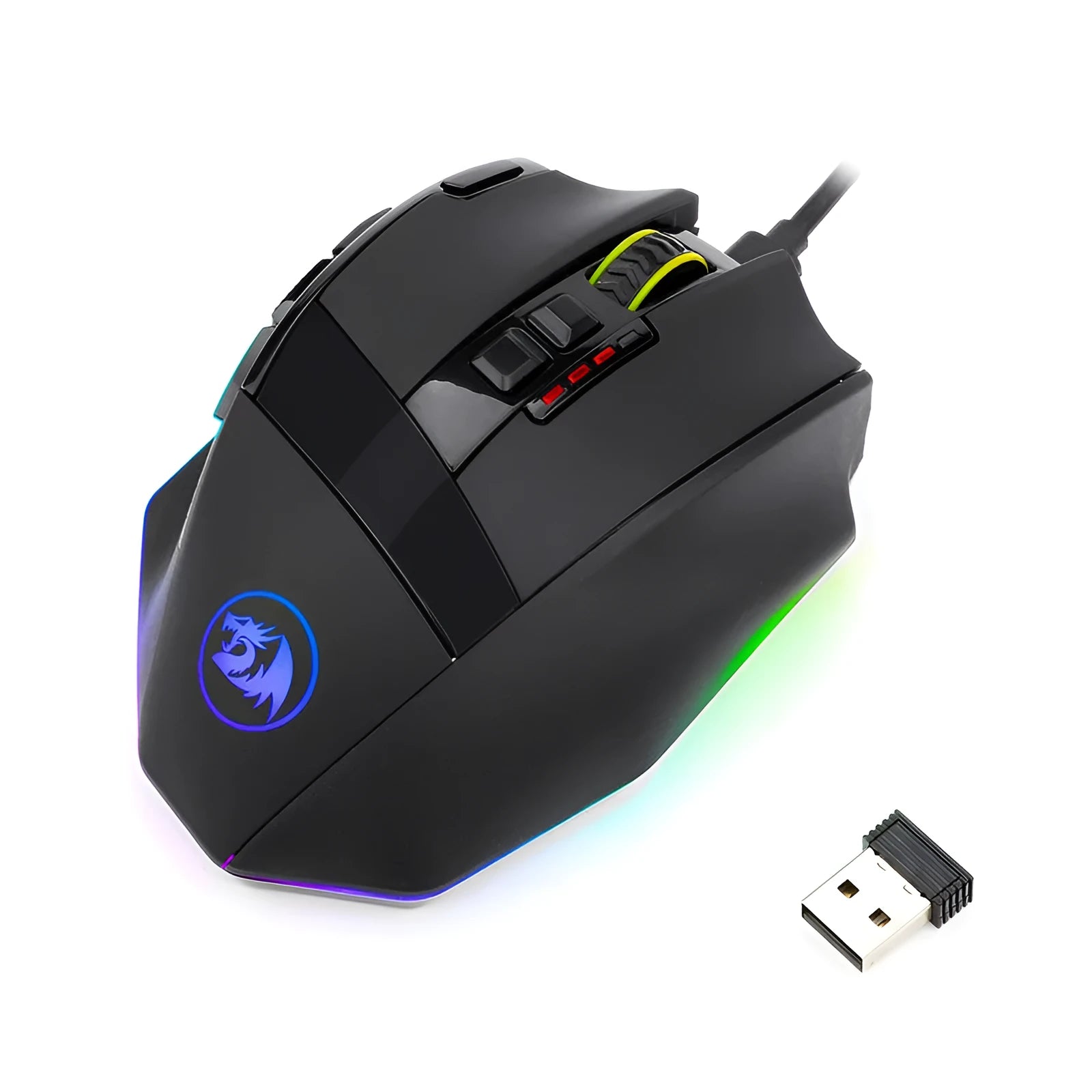 Black Redragon M801P dual mode gaming mouse with nine programmable buttons and ergonomic design