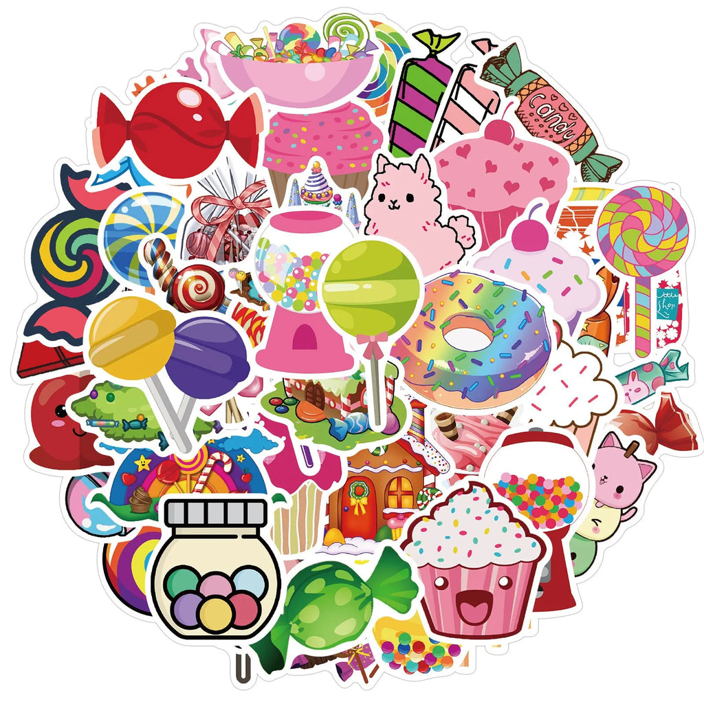 Pack of 50 colourful Candy series graffiti stickers with cartoon designs measuring 4-6cm.