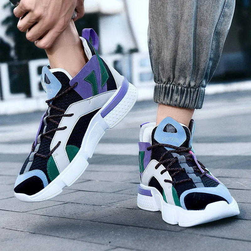 Men's high-top board shoe with flyknit mesh upper, front lace-up and flat heel, shown in Moonlight, brown or beige purple