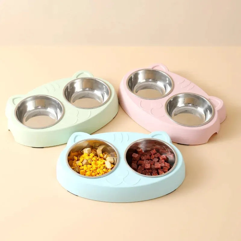 Plastic double bowl pet feeder with non-slip base in blue colour