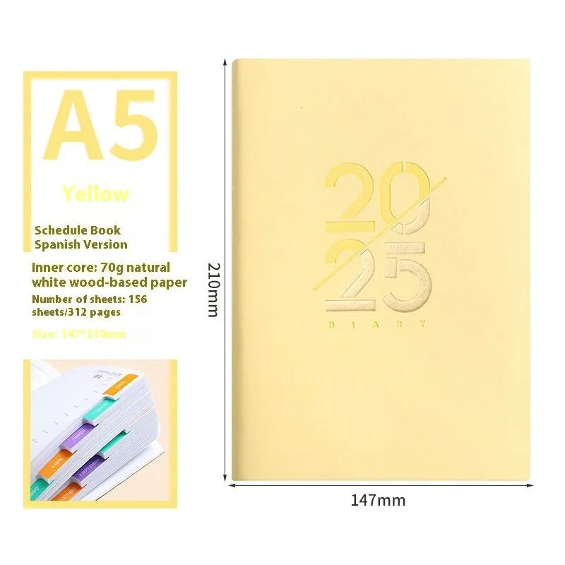 A5 daily schedule book with soft faux leather cover, open to show thread-bound 150 pages.