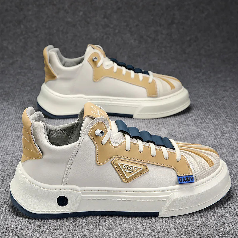 Men's beige casual low-top sneakers with elastic band and leather stitch detail on microfiber upper.