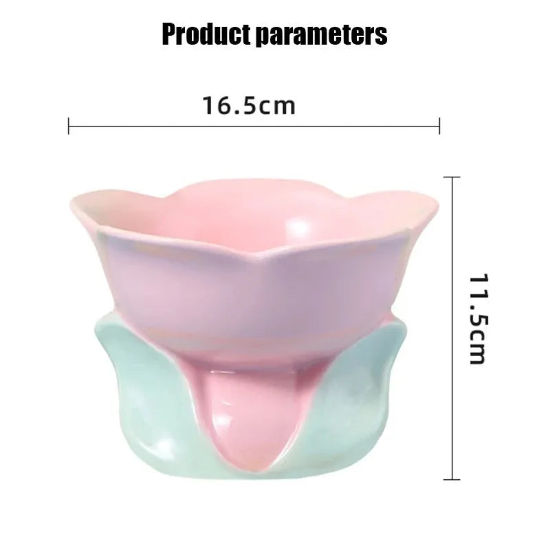 Blue ceramic raised pet bowl with floral pattern and non-slip base for cats and small dogs