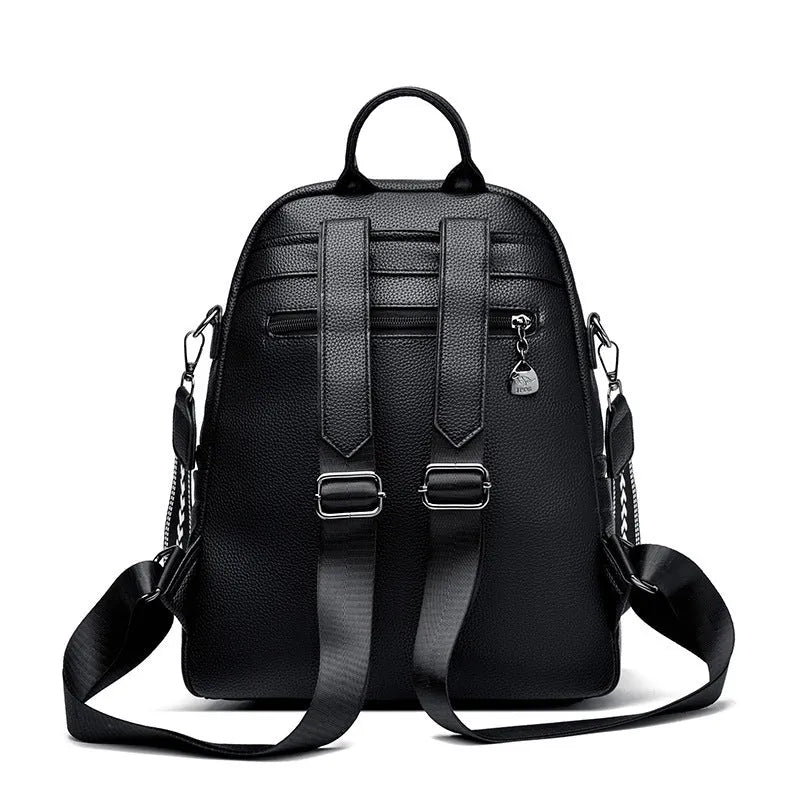 Genuine leather commuting backpack with flap pocket, black yellow beige options, water-resistant multi-pocket design