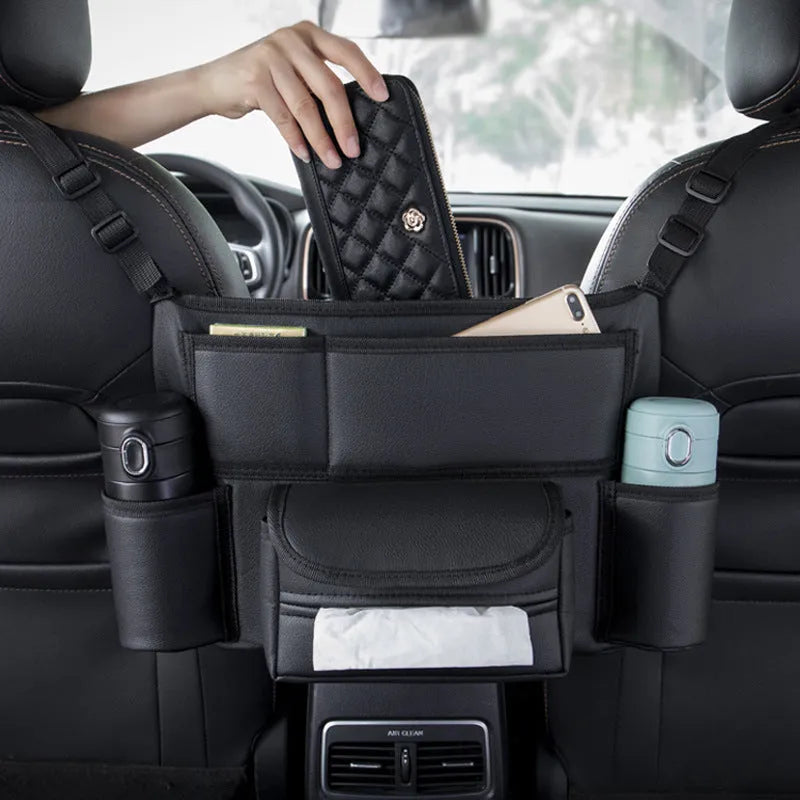 Genuine leather car seat hanging tissue box organiser between front seats