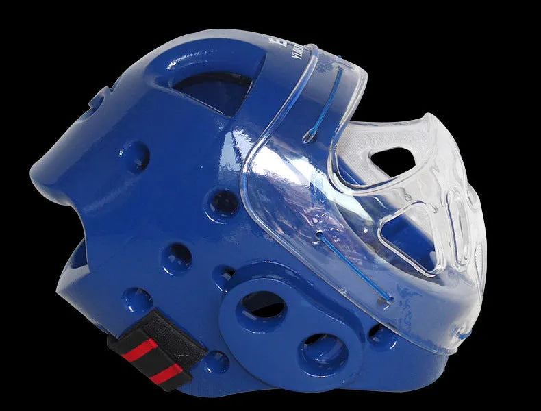 Karate helmet protective equipment for boxing in blue, red, or white colours with S, M, L, XL sizing options