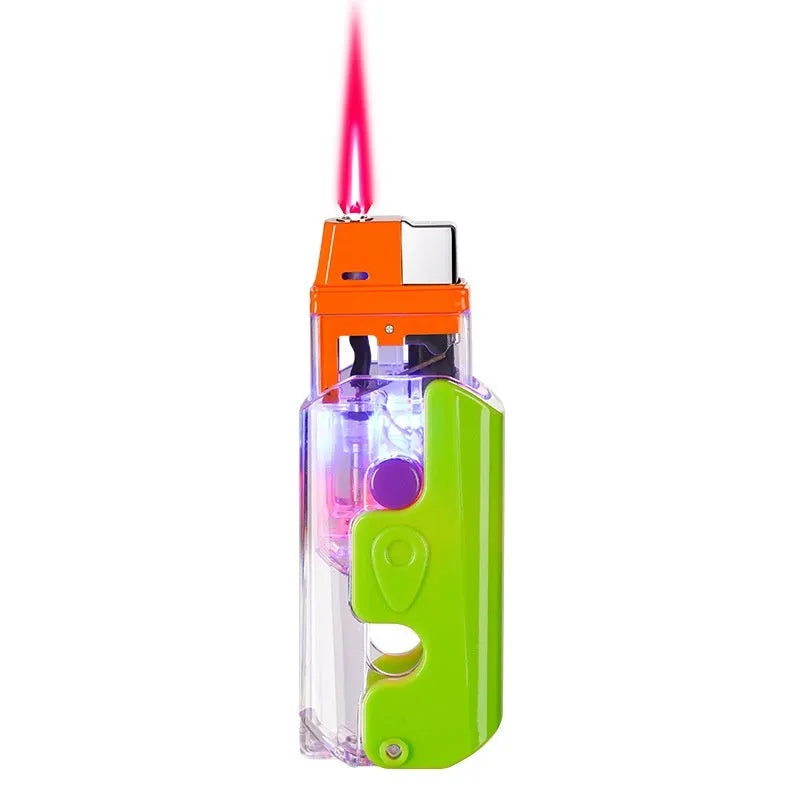 Colourful plastic novelty lighter in orange, purple, or green with a cute design.