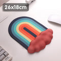 Silicone wrister mouse pad and keyboard support set with printed white cloud pattern on a desk.