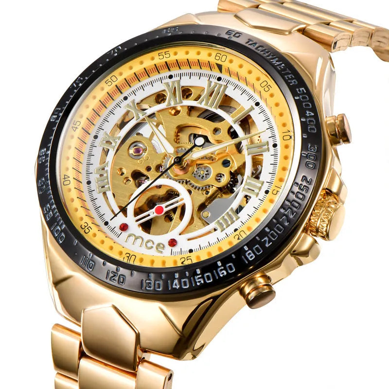 MCE men's explosion proof mechanical watch with a shock-resistant casing on a wrist, showing clear dial markings.
