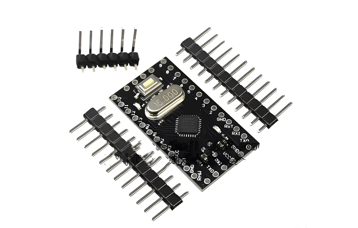 Mini Pro ATMEGA328P microcontroller circuit board showing digital and analog pin headers.