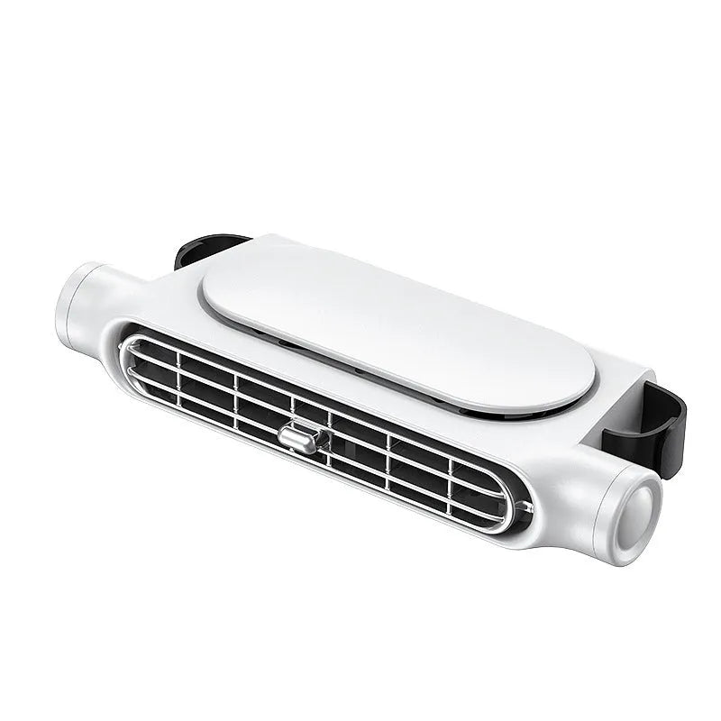 USB bladeless car fan with brushless motor on a car seat, showing Velcro mount and control button.