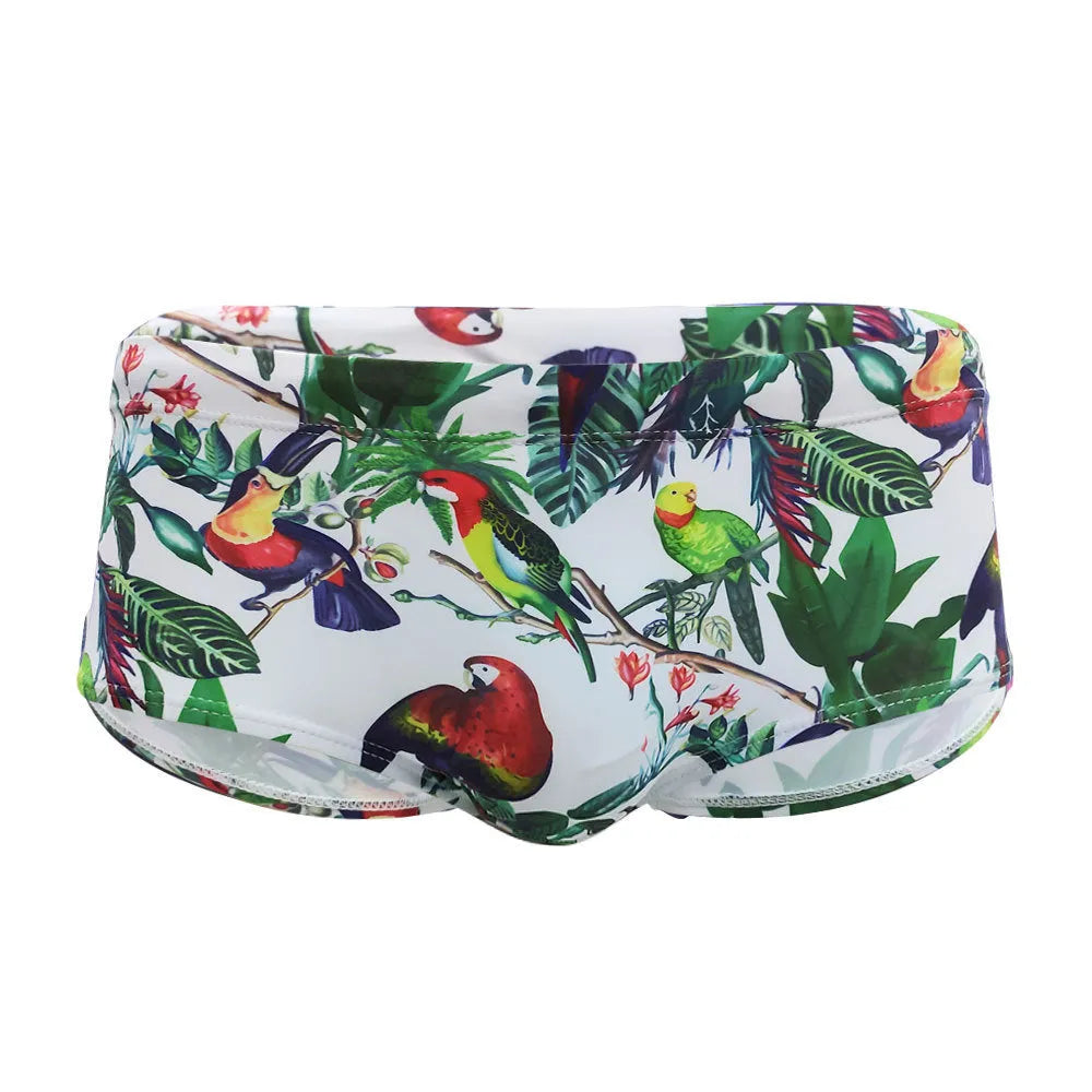 Men's floral bird print swimming trunks in nylon boxer brief style on size chart