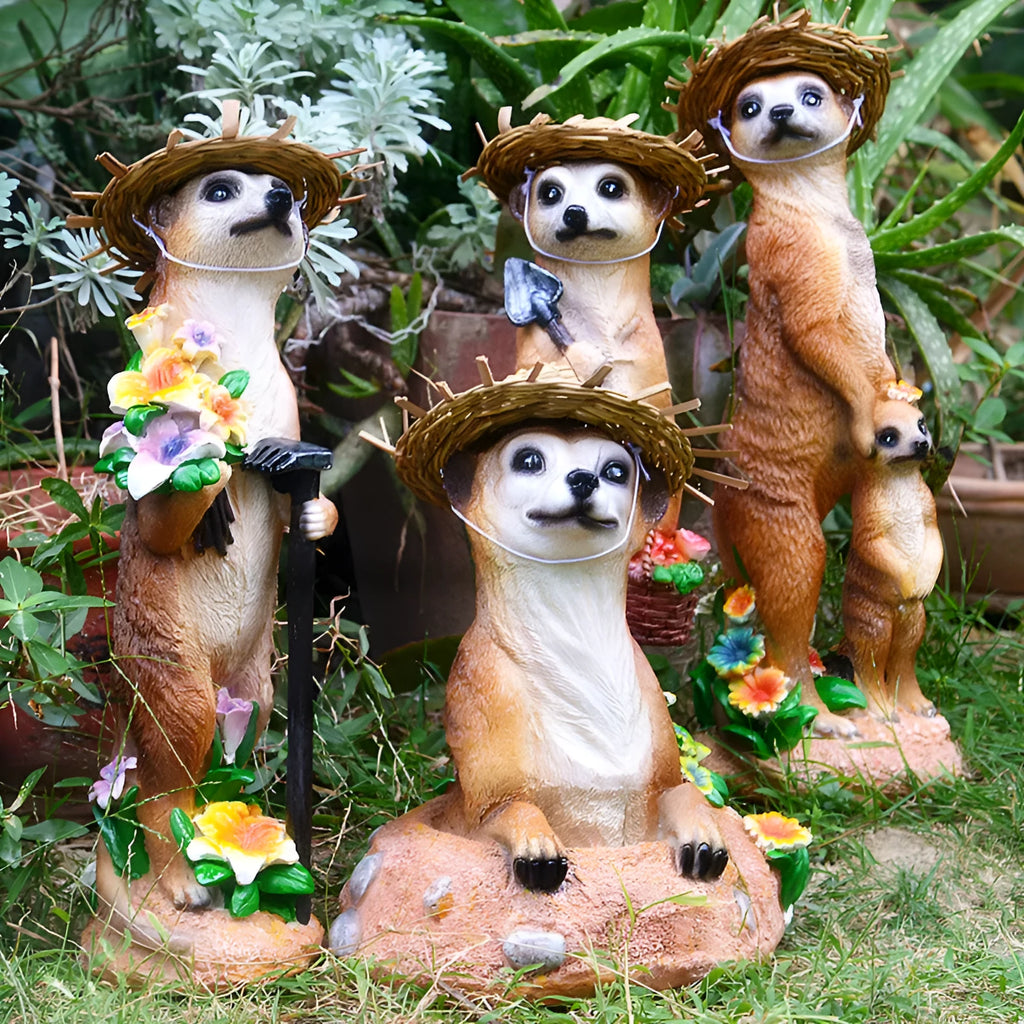 Straw hat mongoose garden ornaments in resin with rake and shovel designs