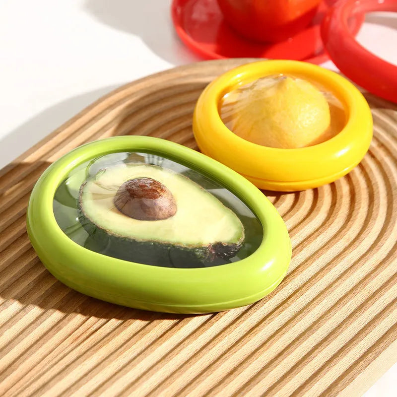 Oval plastic crisper with transparent film lid for vegetable and fruit storage, available in Yellow, Red, Green, Brown or four piece set