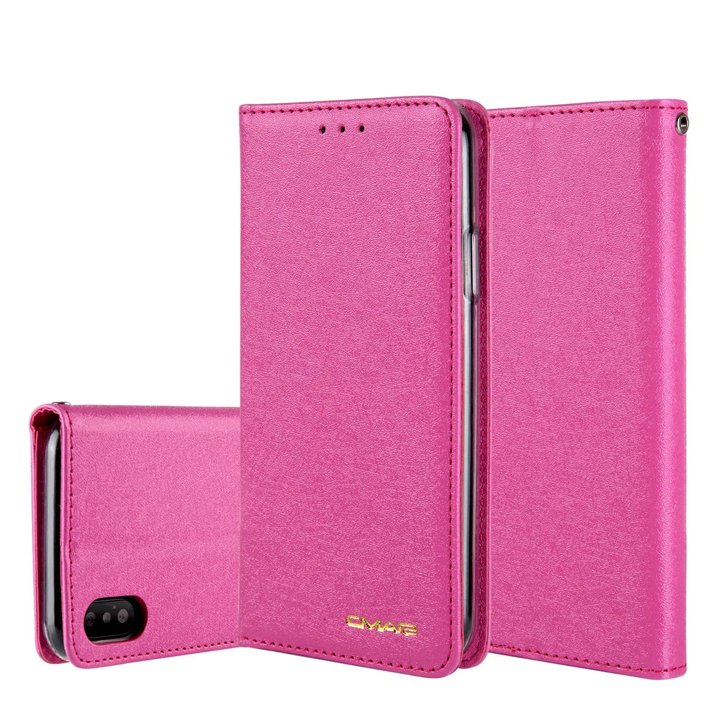 Apple iPhone flip wallet case with card slots in PU leather, shown in multiple colour options