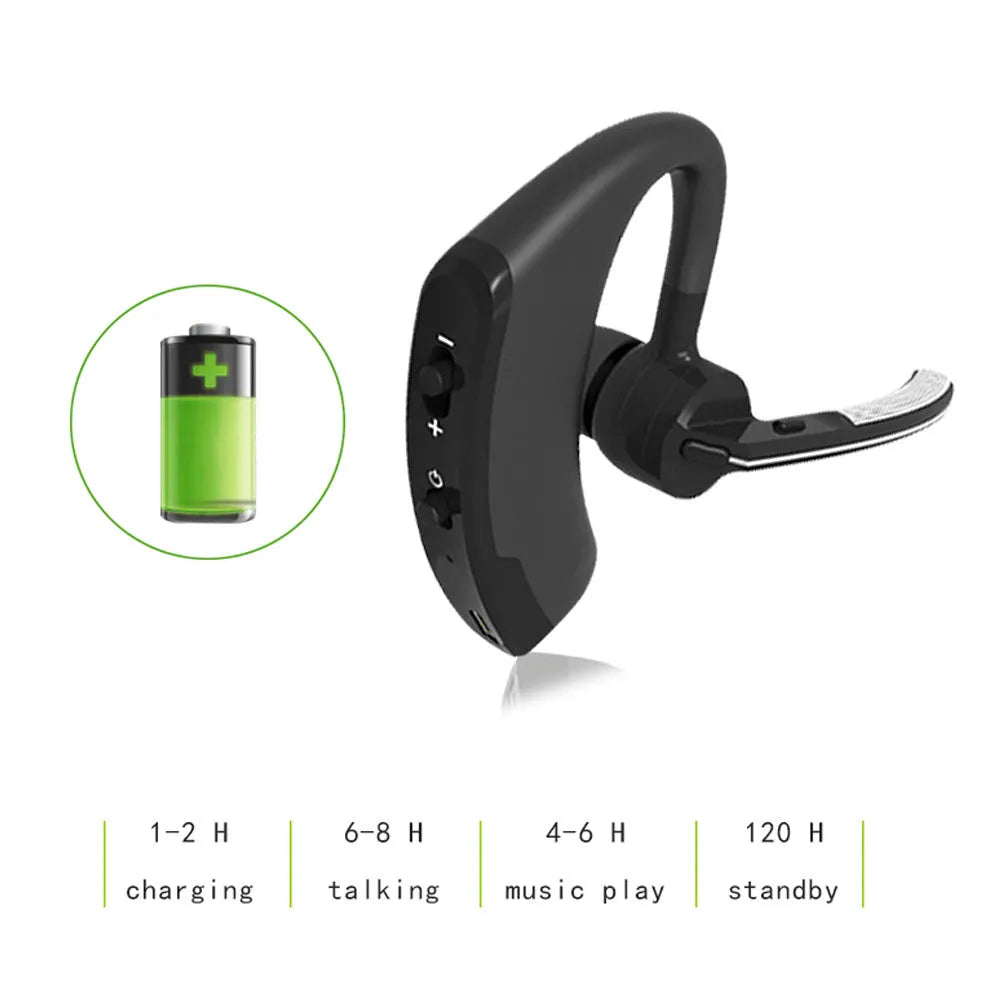 V9 Jerry wireless Bluetooth headset with earbud and charging cable on a dark background