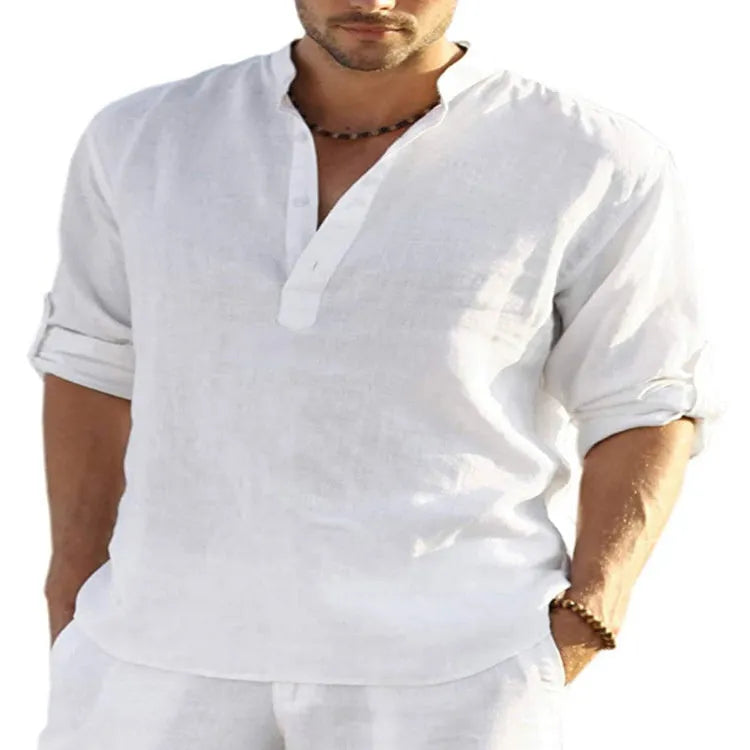 Men's solid colour long sleeve shirt with a stand collar, shown in a light blue colour option.