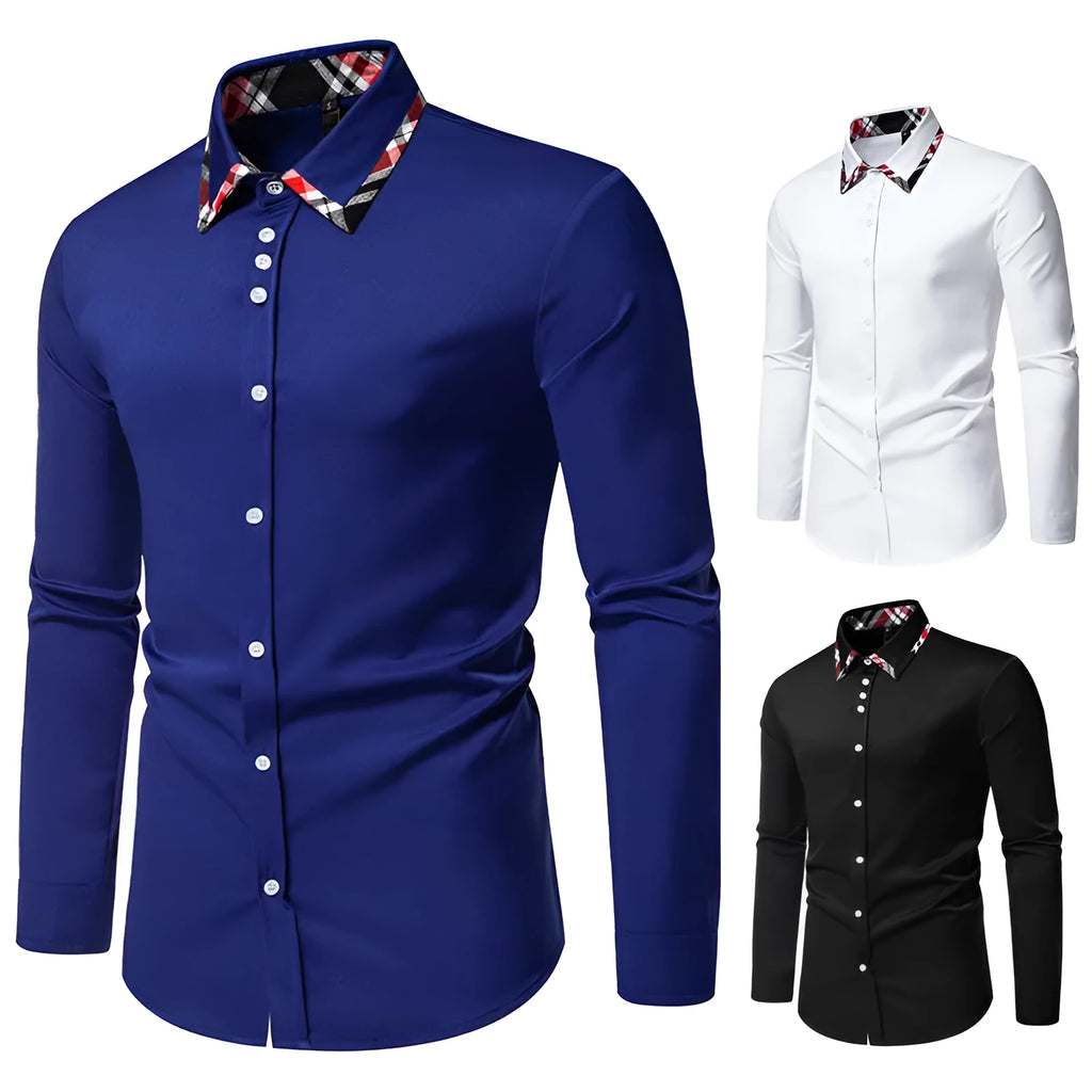 Men's plaid long sleeve shirt with contrast colour triangle collar in polyester blend fabric