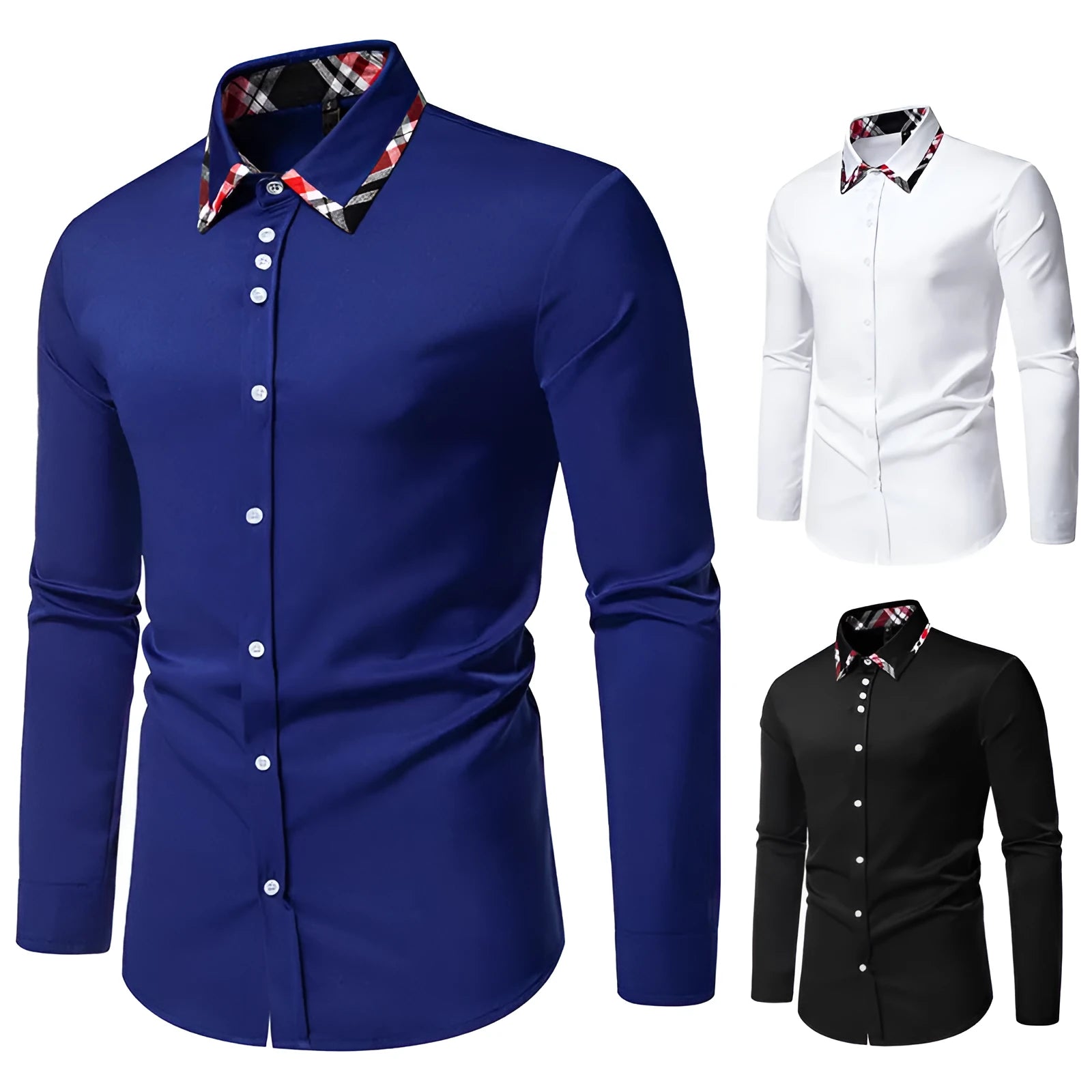 Men's plaid long sleeve shirt with contrast colour triangle collar in polyester blend fabric
