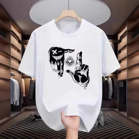 Men's grey cartoon print t-shirt with round neck and short sleeves on a hanger.