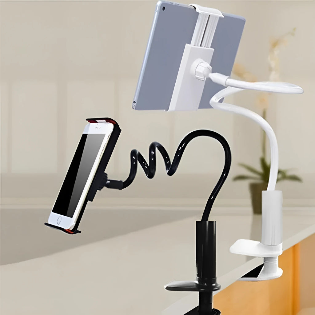 Black flexible phone mount with suction base showing 360-degree rotation capability