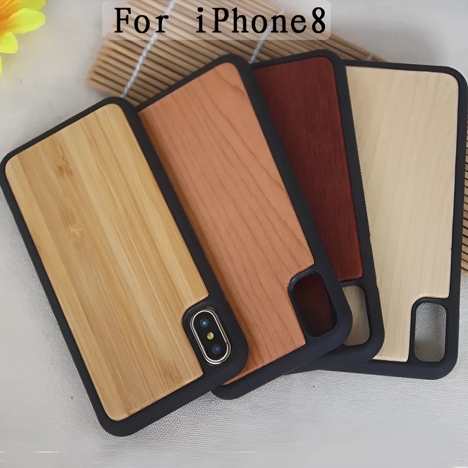 Wooden phone case with TPU bumper for iPhone in bamboo, cherry, rosewood, walnut, and white finishes.