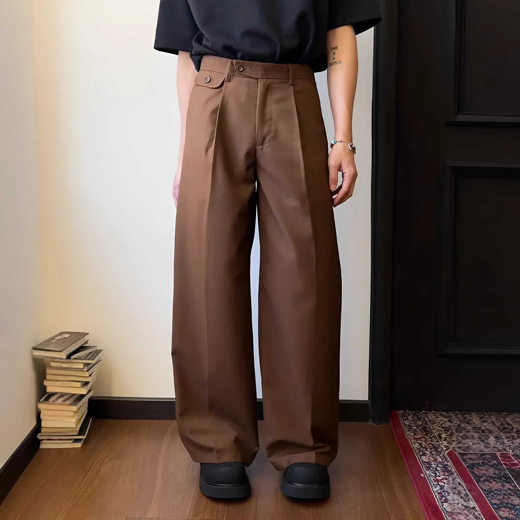 Men's straight-leg casual trousers in black or brown with wide-leg cut and polyester blend fabric