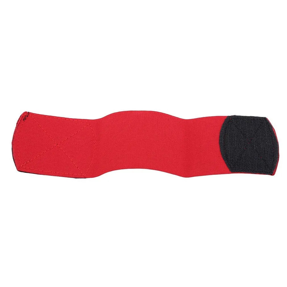 Rubber shin guard retention tape belt for football and cycling sports, shown in red.