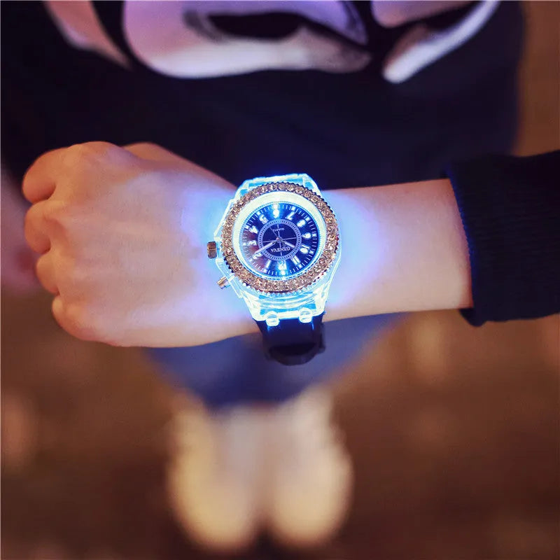 Women's LED luminous watch with 43mm round dial and silicone bracelet in multiple colours