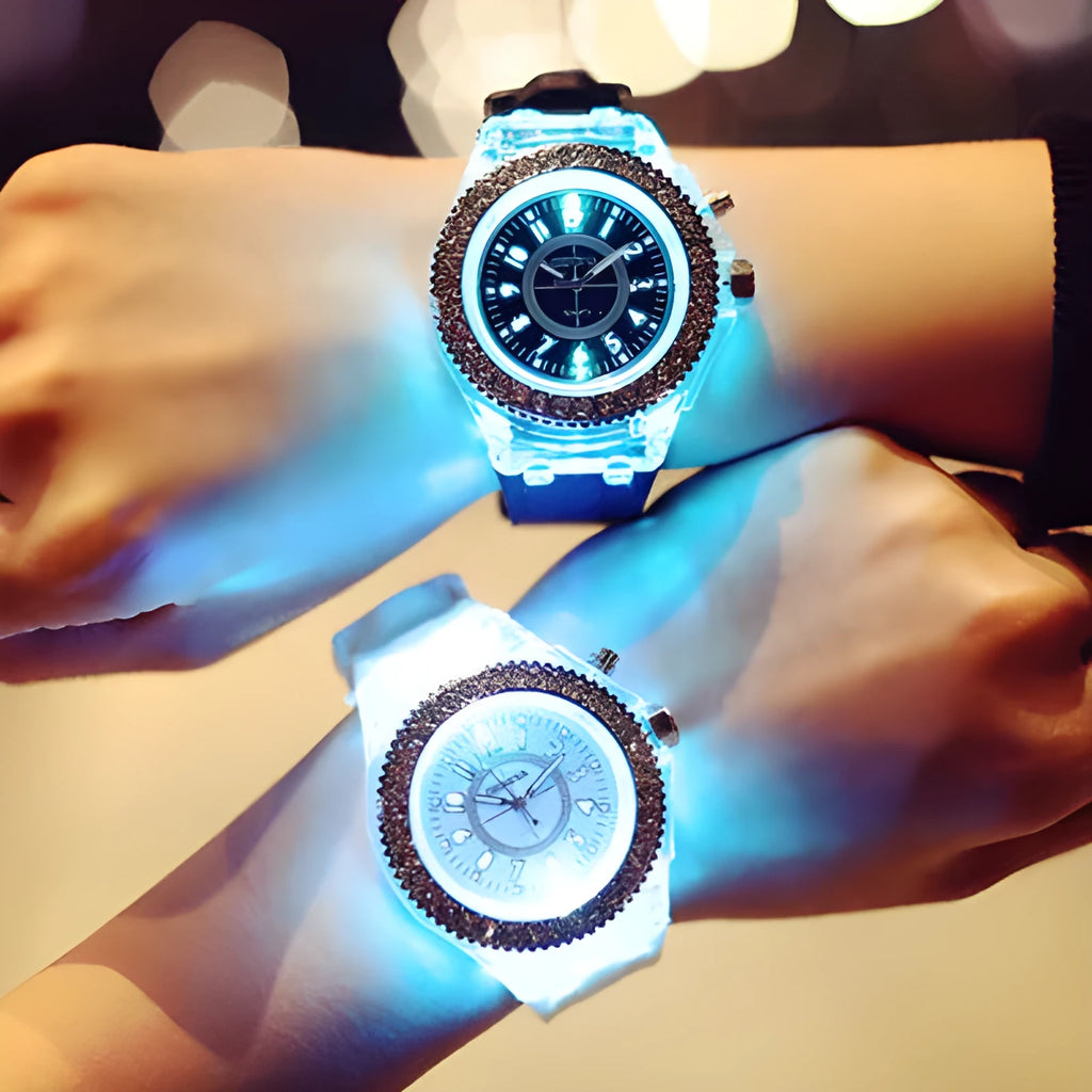 Women's LED luminous watch with 43mm round dial and silicone bracelet in multiple colours