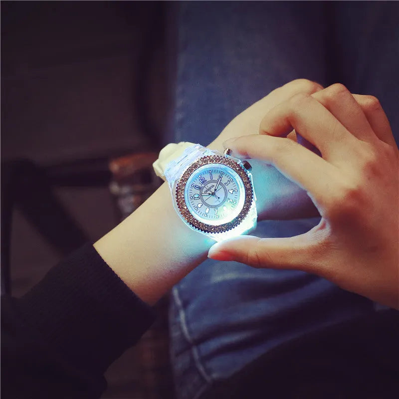 Women's LED luminous watch with 43mm round dial and silicone bracelet in multiple colours
