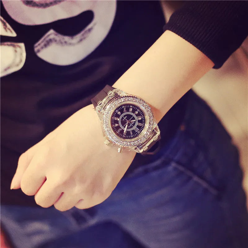 Women's LED luminous watch with 43mm round dial and silicone bracelet in multiple colours