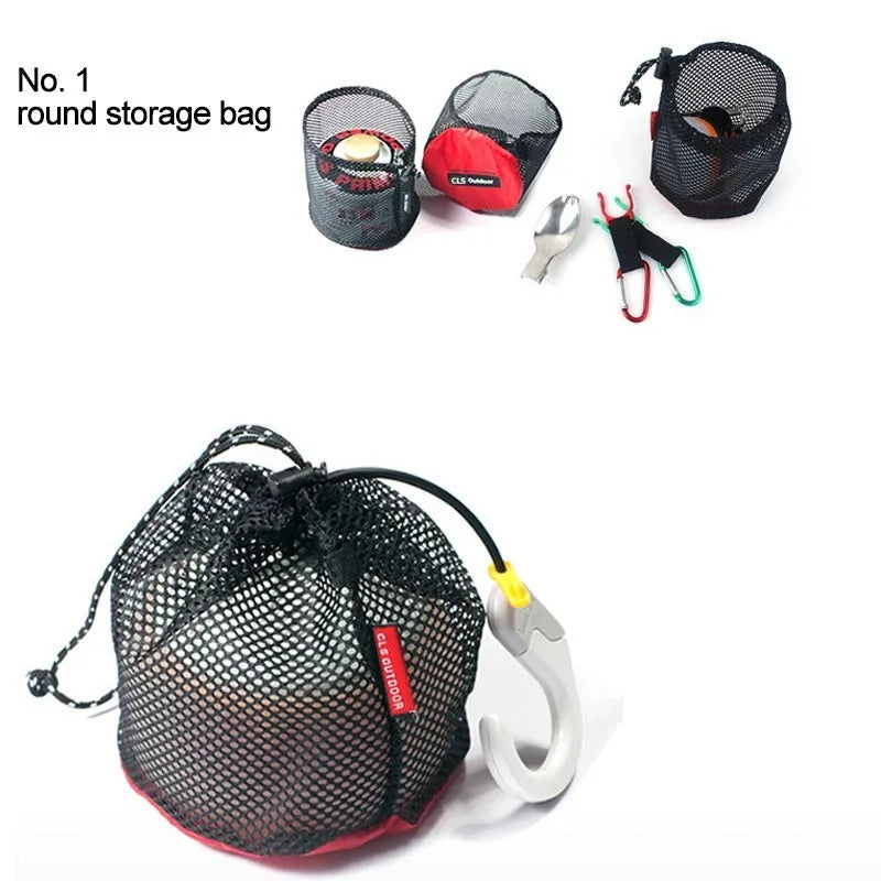 Red outdoor travel storage bag set with 5 pieces showing Oxford cloth and mesh construction