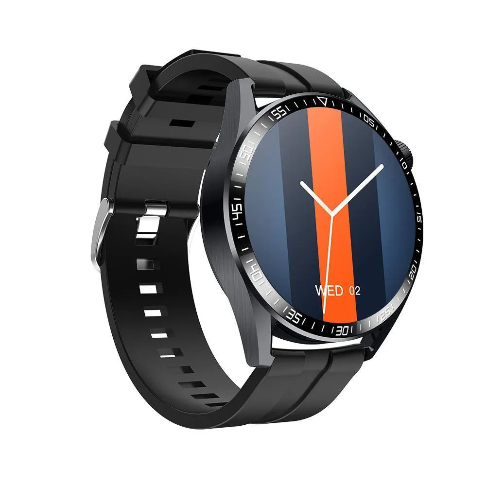 GS3 Max smartwatch in black on a silicone strap, showing its 1.35-inch touchscreen displaying a watch face.