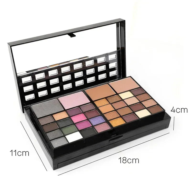 74 colour makeup palette open showing eyeshadows, lip glosses, and face powders with a mirror and brushes.