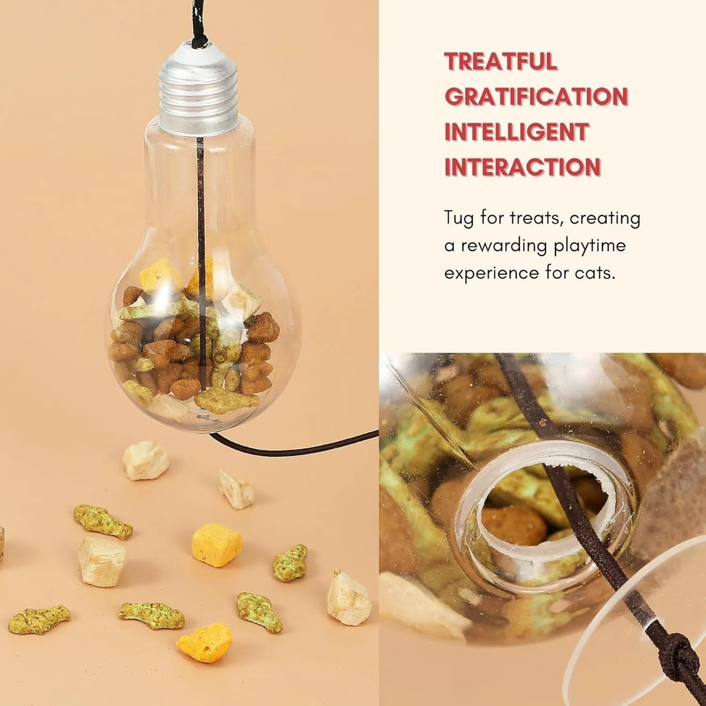 Grey and yellow retractable cat teaser toy hanging on door frame with treat bulb and dangling mouse