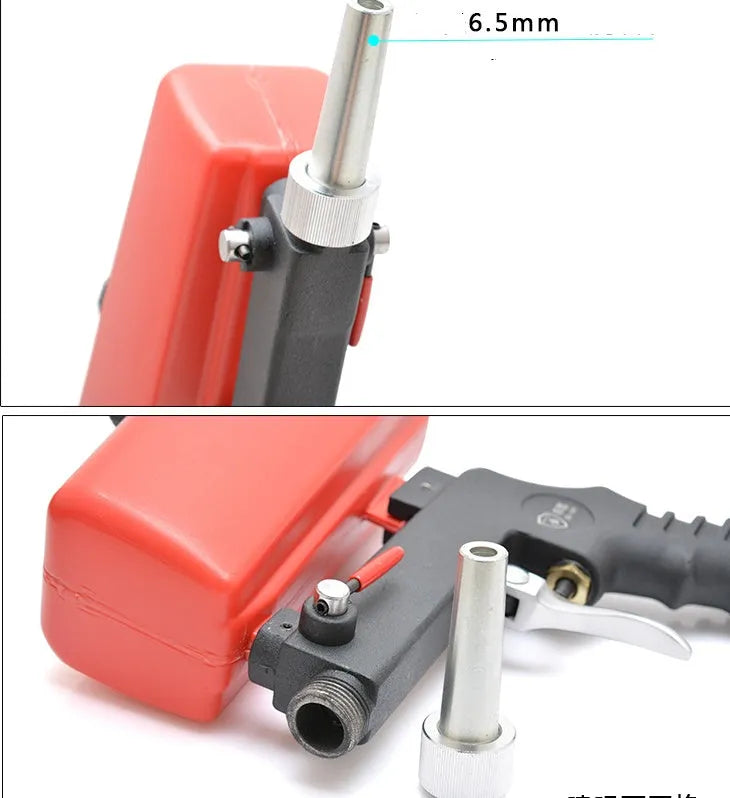 Portable black pneumatic sandblasting gun with top-mounted tank and spray nozzle.