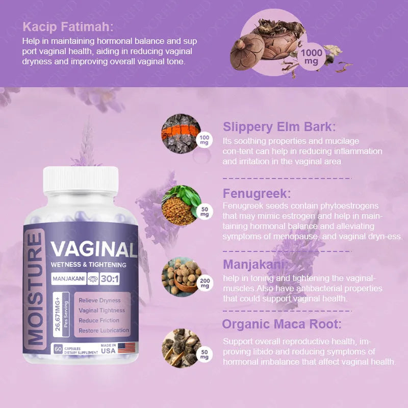 Bottle of 60 vaginal capsule supplements for adult women's intimate health