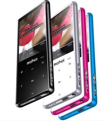 Portable music player with 2.4-inch touch screen showing music interface in black, blue, red or silver